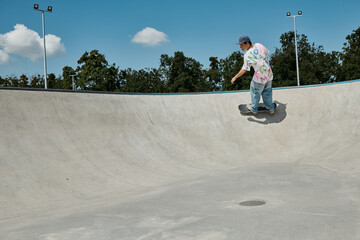 Wall Mural - A young skater boy defies gravity, riding his skateboard up the side of a ramp in a vibrant outdoor skate park on a summer day.