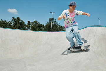 Wall Mural - A young skater boy effortlessly rides his skateboard up the side of a ramp at an outdoor skate park on a sunny summer day.