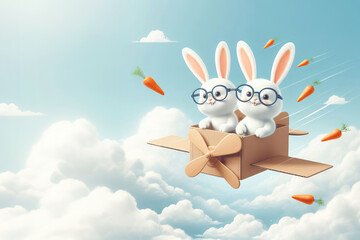 two cheerful white rabbits with glasses fly a cardboard plane