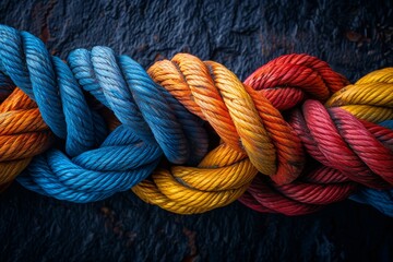 Wall Mural - symbolism of a colorful knotted rope, representing unity and strength, embodying the power to connect with others in times of need.