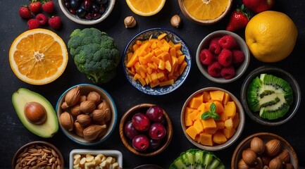 Wall Mural - A vibrant display of healthy foods arranged symmetrically on a dark surface, illustrating balanced diet concepts