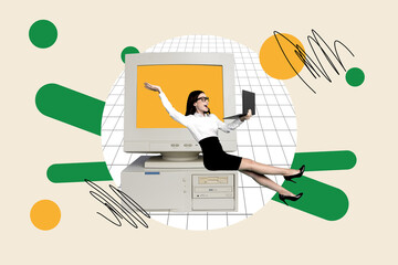 Poster - Collage 3d image of pinup pop retro sketch of excited woman career achieve dream computer monitor unusual fantasy billboard comics