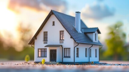 Wall Mural - Miniature model of a white house with a dark grey roof and a chimney, placed on what appears to be a small patch of soil with a few plants