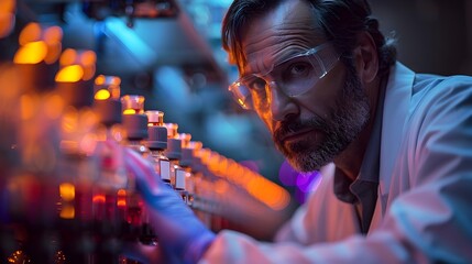Poster - Focused Scientist Conducting Serious Experiment in Dark Laboratory