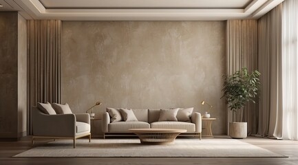 Wall Mural - Large beige taupe lounge home, office. Empty wall in the texture of plaster wallpaper or ivory microcement or silk stucco background