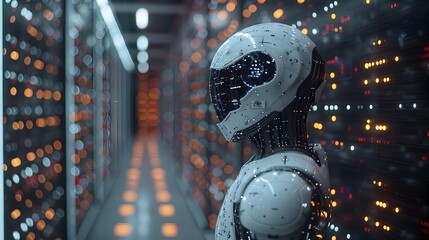 Poster - Futuristic Robotic Cyborg in Mysterious Digital Matrix Landscape