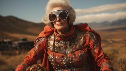 A woman in an ornate red costume stands with a bouquet in a desert setting, contrasted by the rugged wilderness