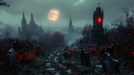 Wall Mural - Halloweens Full Moon Rising Over a Haunted Graveyard