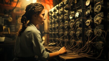 A woman dressed in a retro outfit operates an antiquated telephone switchboard filled with cables and connectors