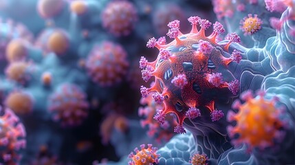 Poster - Highly detailed 3D of the molecular structure of a microscopic virus or pathogen causing a global health crisis and pandemic outbreak