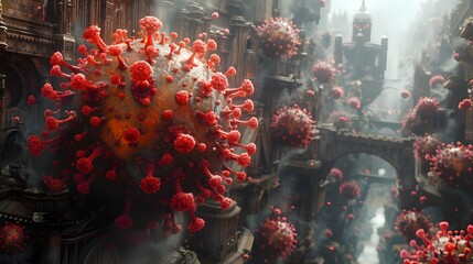 Poster - Microscopic Viral Outbreak Spreading Through a Dark Apocalyptic Cityscape of the Future
