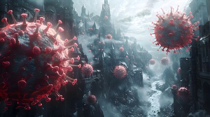 Poster - Microscopic Viral Threat Looming Over Ominous Urban Landscape in Apocalyptic Digital