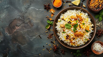 Top view of Indian biryani with basmati rice and spices, using the rule of thirds, with ample copy space