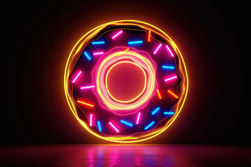 Wall Mural - neon glowing donut sign displayed against a dark background, vibrant and eye-catching advertising design