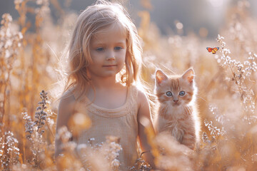 Caucasian girl playing in meadow with her kitten in summer weekend holiday