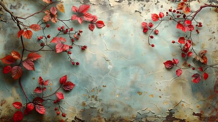 Poster - Vibrant Autumnal Foliage and Berries on Rustic Branch Backdrop