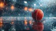 © Ratchpon - A highly detailed image of a cricket ball coated in water droplets bouncing on a wet cricket pitch, highlighted by the beams of floodlights, creating a dramatic and energetic atmosphere in the rain