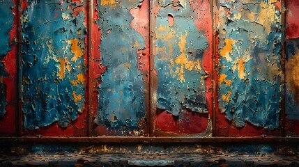 Aufkleber - Vibrant Grunge Textures of Distressed Wooden Wall with Peeling Paint in Varied Hues of Red Blue and Orange
