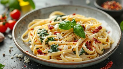 Poster - a colorful and tasty dish of creamy feta pasta with spinach and sun-dried tomatoes, perfect to liven up your lunch with a beautiful food styling concept