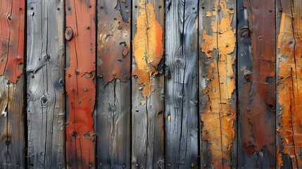 Fototapete - vibrant rustic wooden planks with aged discolored and peeling paint layers forming an imperfect back