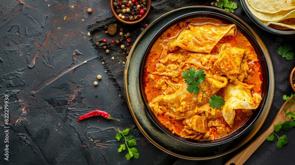Top view of Malaysian roti jala with curry, using the rule of thirds ...