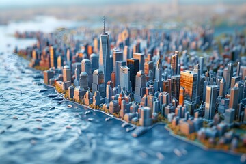 Wall Mural - 3D illustration design of panorama aerial view of mega city in metal material texture,  tilt-shift lens effets