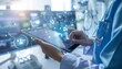 © ZeNDaY - Modern Healthcare Technology: Professional Monitoring Patient Data on Tablet Amid Medical Devices and Digital Records