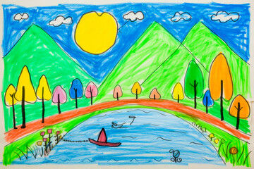 Poster - Drawing of lake with trees and mountains in the background.