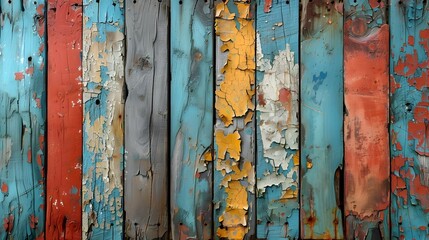 Aufkleber - Weathered Wooden Planks with Vintage Peeling Paint in Vibrant Colors