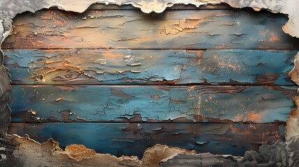 Poster - Weathered Wooden Surface with Peeling Paint and Cracked Texture Creating a Moody Atmospheric Backdrop