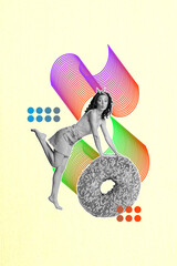 Poster - Composite trend artwork image photo collage of beige color backdrop neon line wave young woman model posing eat tasty donuts sweet tasty