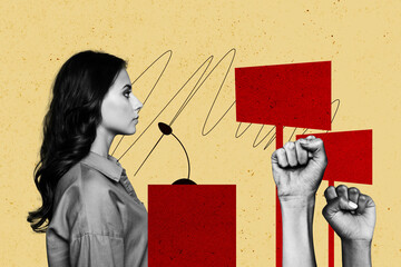 Poster - Composite photo collage of brunette girl president stand tribune mic conference people show fist vote isolated on painted background