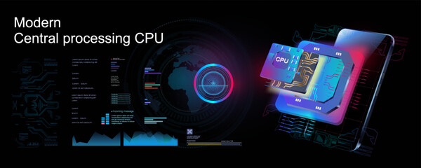 Poster - cyber banner with processor on futuristic background. powerful new generation stream processor. digi