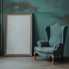 A large empty blue picture frame stands on the floor, against the background of an old wall, a modern blue armchair. Retro interior, minimalism