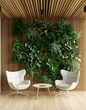 © EvaMur - The interior of the room, indoor plants on the wooden wall, two armchairs and a table, botany style.