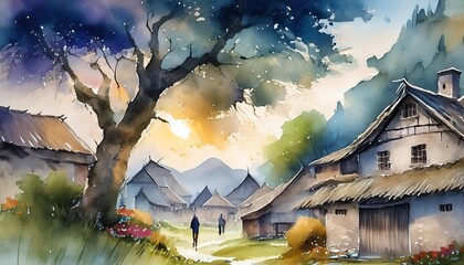 Wall Mural - watercolor-rendering-of-an-old-village-where-fear-sets-in-a--cluika9c204rhs601g92njzeg
