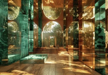 Wall Mural - A sophisticated interior with copper and green hues, mirrored walls, and stunning digital artwork created by generative AI.