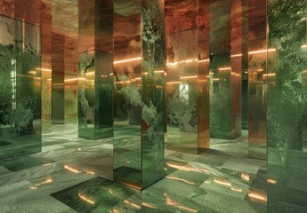 Wall Mural - A sophisticated interior with copper and green hues, mirrored walls, and stunning digital artwork created by generative AI.