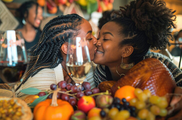 Wall Mural - A black mother and daughter sharing happy moments at their family dinner, both giving each other kisses on the cheek with smiles as they look at each other