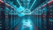 © rookielion - Futuristic data center with floating cloud symbols above servers
