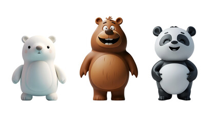 Wall Mural - Cute Bear Set in 3D Render Illustration: Chibi Character Cartoon of Panda, Polar Bear, and Grizzly Bear Animal, Isolated on Transparent Background, PNG