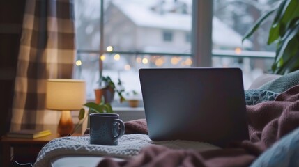 Wall Mural - Productive Young Professional in Cozy Home Office with Laptop, Coffee, and Natural Light Streaming Through Window