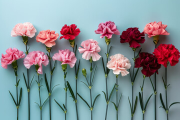 Colorful Carnation Flowers Arrangement Against a Soft Blue Background