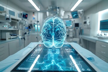 Wall Mural - research laboratory displays a holographic brain professional photography