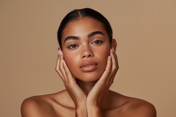 face, cosmetics, dermatology, and luxury on a brown studio background. face detox, makeup-wearing wo