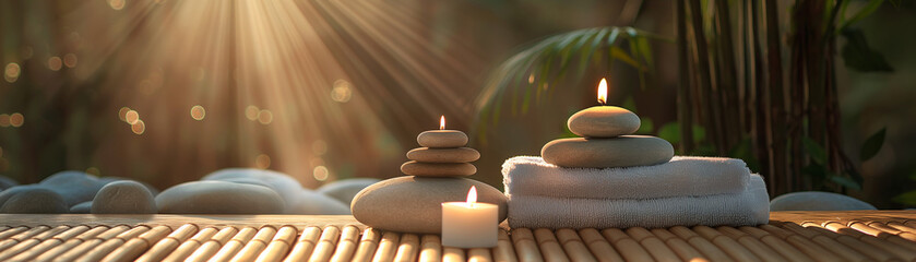 Spa Concept - Massage Stones With Towels And Candles In Natural Background