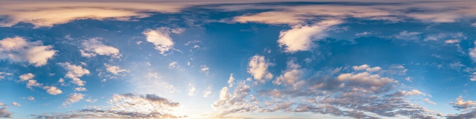 sunset sky with bright glowing pink cirrus clouds. seamless spherical hdr 360 panorama. full zenith 