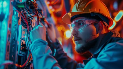 Wall Mural - electrician and engineer work on an electrical circuit with many cables for communication and data transfer