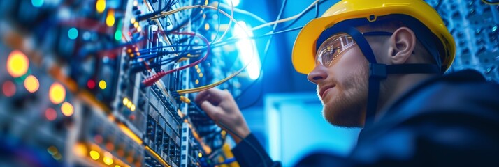 Wall Mural - electrician and engineer work on an electrical circuit with many cables for communication and data transfer