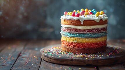 A multi-layered cake with colorful frosting and sprinkles on top